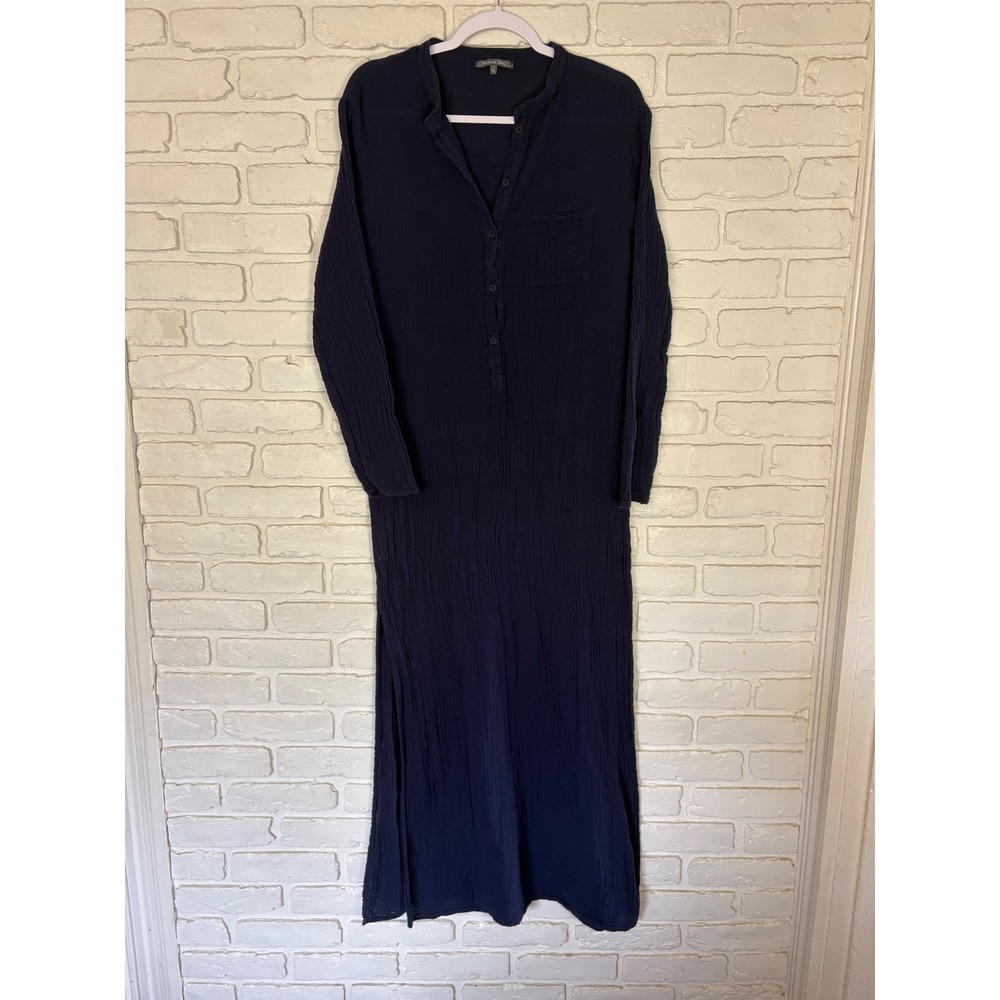 Michael Stars‎ Navy Blue Long Sleeve 100% Cotton Maxi Dress Slits Size Medium